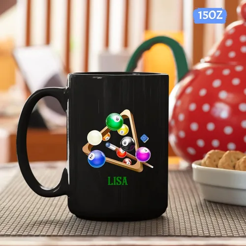 Vista 5 de Taza de billar personalizada, taza de café de billar, taza deportiva personalizada, regalo para los amantes del billar, taza de té negro de 11
