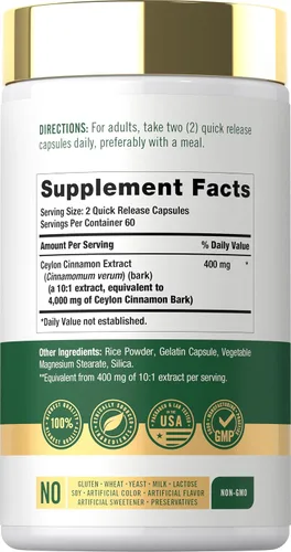 Vista 2 de Cápsulas de canela de Ceilán Carlyle 4000 mg 120 unidades Suplemento sin OGM y sin gluten