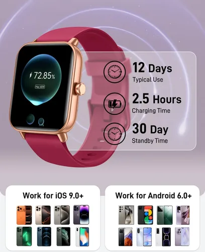 Vista 6 de Hingso Relojes inteligentes para mujer, Android y iPhone, Alexa integrado, rastreador de actividad física de 1.85 pulgadas con respuesta/hacer Rojo