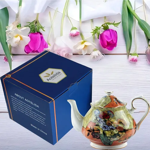 Vista 7 de Tetera de 30 oz de Van Gogh Pinturas de porcelana china hueso Tetera de té suelto Diseño floral Vintage Tetera de cerámica estilo europeo para café