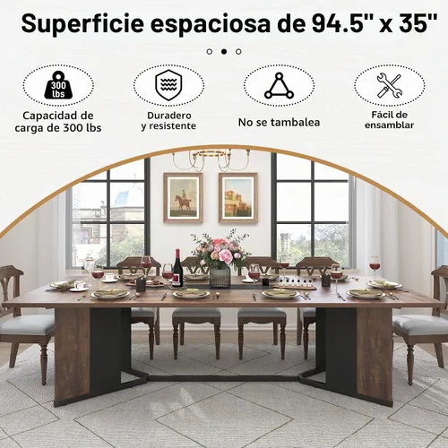 Vista 3 de Hlivelood Mesa de comedor grande de 94 pulgadas para 8 10 personas, mesa de cocina rectangular de madera con mesa impermeable, muebles rectangulares