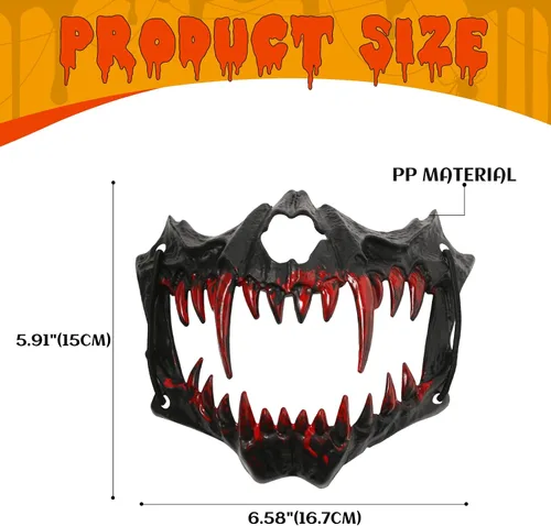 Vista 2 de Aroncent Máscara de media cara de calavera de Halloween con colmillos sangrientos: accesorio de disfraz de mandíbula de esqueleto aterrador