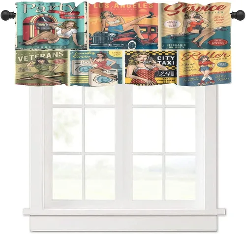 Vista 42 de Cortina de cenefas retro de los años 50, reparación de publicidad de automóvil, garaje, clásicos, bolsillo para barra, tratamientos de ventana corta