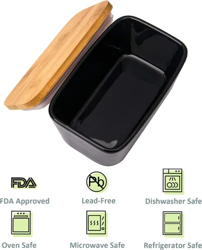 Vista 5 de Mantequillera con tapa, recipiente de porcelana con tapa de madera para mantequilla, apto para microondas, contenedor de almacenamiento