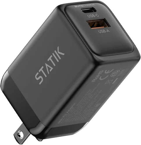 Vista 4 de STATIK Adaptador de corriente GaN de carga rápida - 48W Dual USB C y USB - Cargador compacto plegable para iPhone, iPad, Samsung, Pixel - Protección