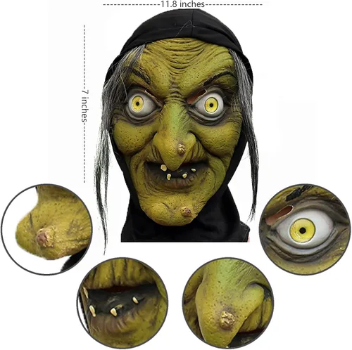 Vista 7 de Máscara de bruja de látex verde con cabello y sombrero disfraz de Halloween de terror