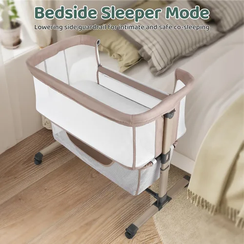 Vista 7 de Cowiewie Moisés Cuna de Noche, Portátil, Transpirable, Moisés Ajustable para Bebé para Noches Tranquilas, Beige
