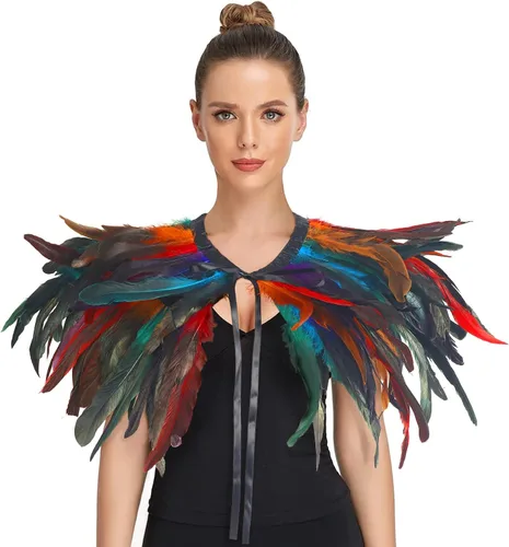 Vista 11 de Chal de plumas para mujer, collar de plumas de cuervo, capa de cisne de Halloween, accesorios de disfraz de bruja Azul-5