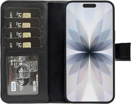 Vista 13 de HARDISTON Funda de piel auténtica de alta calidad hecha a mano para iPhone 7/8 / SE doble folio tarjetero - Funda magnética desmontable - Soporte