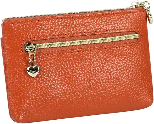 Vista 2 de Monedero de cuero genuino para mujer, con cremallera, tamaño de bolsillo, Marrón