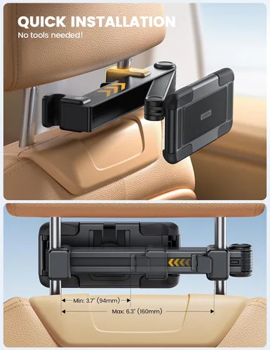 Vista 6 de Aomiker Soporte para iPad para reposacabezas de automóvil, brazo con bloqueo de aluminio, soporte universal para tablet con clip ancho plegable