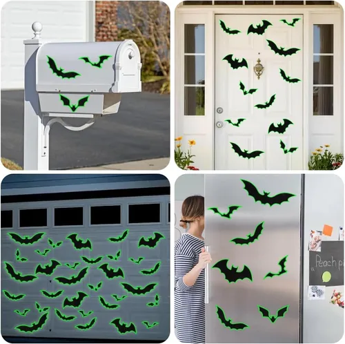 Vista 7 de YUJUN 30 piezas de decoración de Halloween para puerta de garaje, murciélagos negros que brillan en la oscuridad, imanes luminosos para puerta