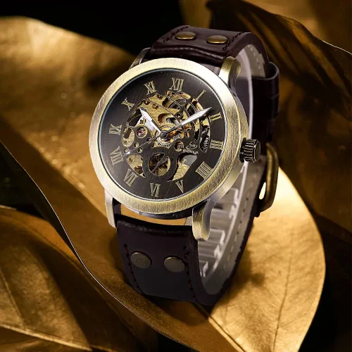 Vista 3 de FANMIS Reloj de pulsera de cuero marrón mecánico automático de esqueleto de bronce steampunk para hombre, Marrón, Mecánico, Automático