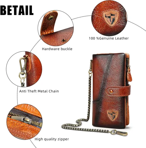 Vista 7 de Handadsume Genuino caballo loco cuero viaje regalo moneda bolsillo tarjeta caso largo organizador cadena Rfid monedero con broche para hombres