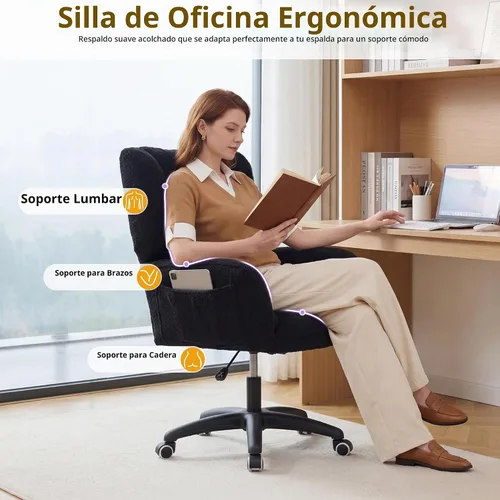 Vista 3 de FOXHUNTER Silla de tocador de gran tamaño con ruedas, silla de oficina Negro