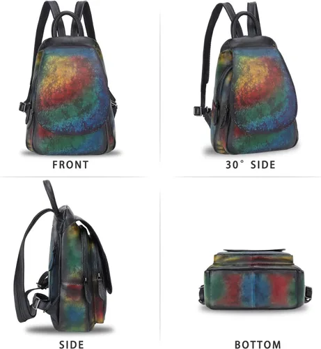 Vista 4 de LRTO Mochila de cuero genuino para mujer, mochila vintage casual para universidad, hecha a mano, mochila occidental de piel de vacuno