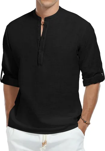 Vista 2 de KUYIGO Camisas Henley de manga corta para hombre, estilo casual, de algodón, de lino, con botones, regular, hippie, playera