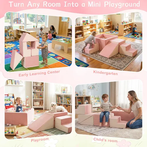 Vista 7 de STAOLENE Bloques de escalada de espuma suave con pozo de bolas, 6 juguetes de escalada de interior beige y rosa para niños pequeños, juego