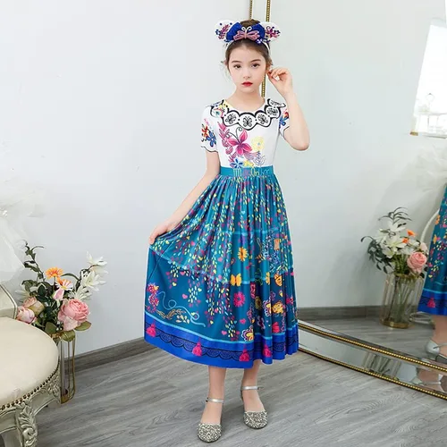 Vista 6 de JingDan Vestido de Encanto para niñas, disfraz de Mirabel Isabela, ropa de cosplay de Halloween con accesorios, 2T-10T
