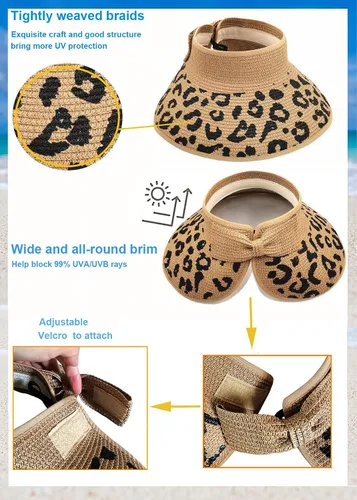 Vista 4 de Sombrero de paja con protección UV, visera de playa, sombrero de ala ancha, estampado de leopardo, enrollable, plegable para mujer