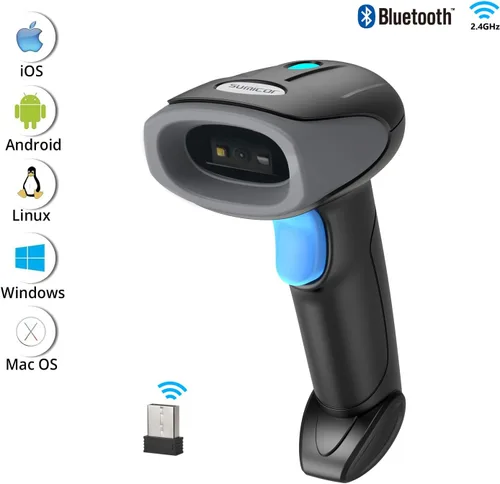 Vista 2 de Sumicor Escáner de código de barras inalámbrico Bluetooth con soporte, escaneo automático de manos libres y disparador manual, pistola de escáner