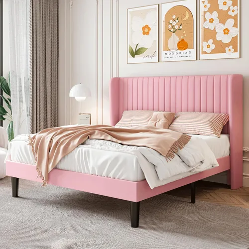 Vista 10 de SHA CERLIN - Marco de cama de terciopelo tamaño matrimonial, cabecera con alas copetudas, color negro 47'' Modern Vertical Channel Headboard