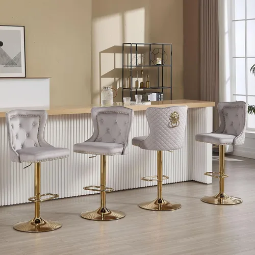 Vista 14 de Juego de 2 taburetes de bar negros y dorados, taburetes de bar de terciopelo con respaldo de ala alta, modernas sillas de bar tapizadas, taburete
