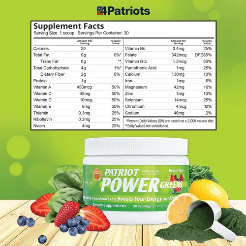 Vista 6 de Patriot Power Greens: más de 40 frutas y verduras, suplemento dietético orgánico de superalimentos, 30 porciones