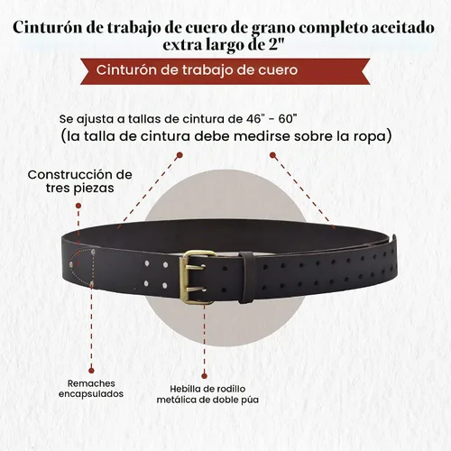 Vista 3 de Style n Craft - Cinturón de trabajo de cuero aceitado extra largo de grano completo de 2 pulgadas de ancho, cinturón duradero y resistente, marrón