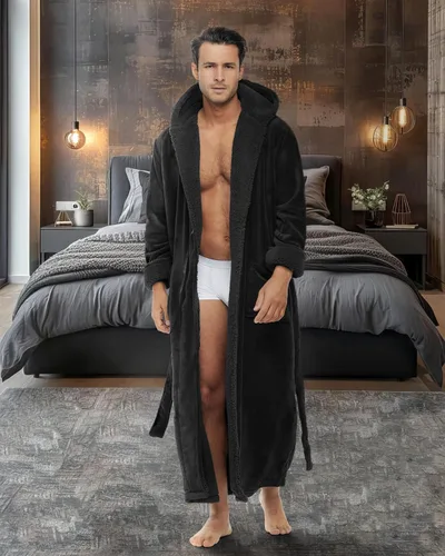 Vista 2 de Alexander Del Rossa . Albornoz de forro polar con capucha para hombre Negro