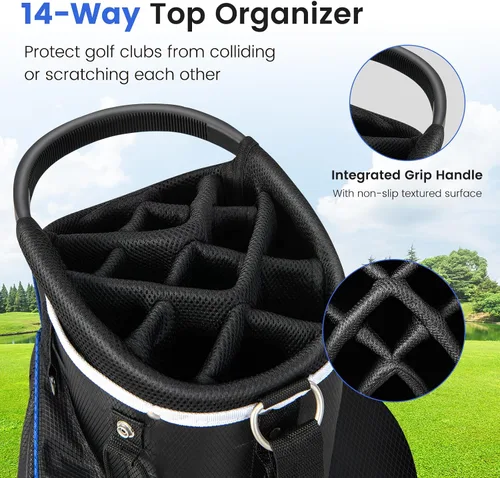Vista 4 de Bolsa de carrito de golf Tangkula con divisores superiores de 14 vías, bolsa ligera para palos de golf con 9 bolsillos, bolsa con enfriador, soporte