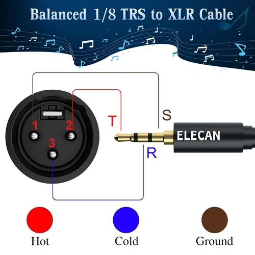 Vista 3 de Elecan Cable Auxiliar TRS Macho a XLR Macho de 3.5mm (1/8 Pulgada) de 4 Pies, Cable de Micrófono Estéreo Blindado Profesional Balanceado, Chapado