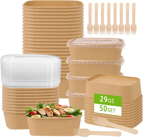 Vista 11 de Paquete de 50 recipientes de comida de papel de 19 onzas con tapas, recipientes de preparación de comidas, cuencos de papel grandes desechables