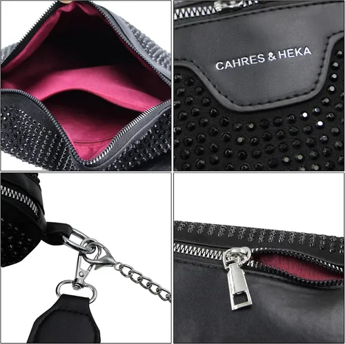 Vista 7 de RARITYUS Riñonera cruzada con diamantes de imitación brillantes para mujer, riñonera pequeña con cinturón, para fiesta o club, Negro, talla única