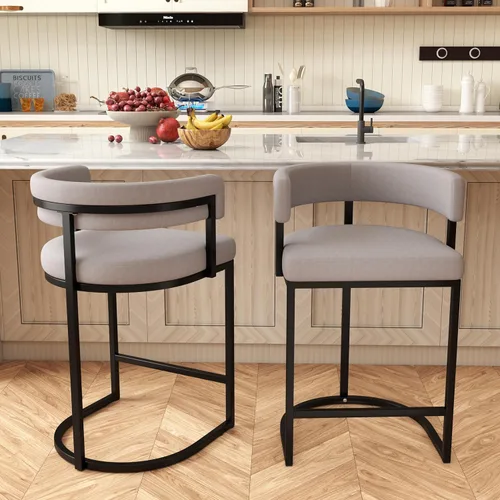 Vista 12 de Modern Barrel - Juego de 2 taburetes de bar de terciopelo de 24 pulgadas con respaldo y brazos cómodos, silla de isla de cocina tapizada de sherpa