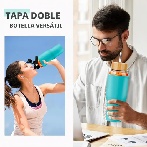 Vista 6 de PROBTTL Botellas de agua de vidrio de 32 onzas, vaso de vidrio de 1 litro, botella de agua de borosilicato con popote, funda de silicona, 2 tapas