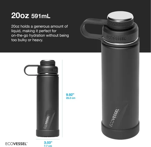 Vista 2 de EcoVessel Botella de agua de acero inoxidable con tapa doble aislada, botella de agua aislada con colador y protector de botella de silicona, taza