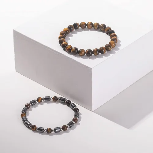Vista 3 de Juego de pulseras de cuentas para hombre de 0.315 in y 0.157 in de piedras preciosas curativas trenzadas con dije de circonita cúbica, pulsera