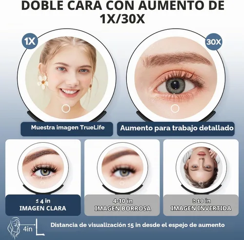 Vista 2 de Espejo de maquillaje iluminado, espejo de aumento 30X con luz, espejo colgante y de mano con asa, negro