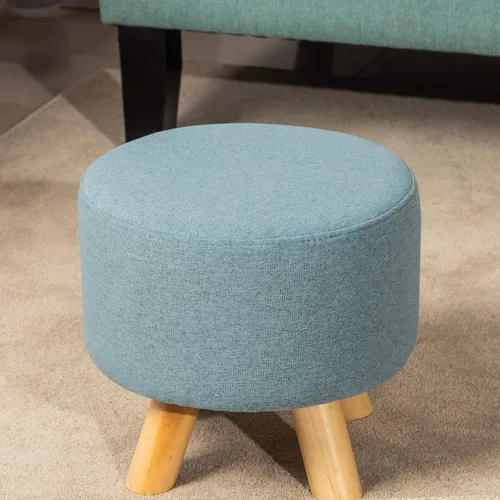 Vista 5 de Homebeez Taburete otomano redondo con reposapiés, reposapiés de tela pequeño con patas de madera antideslizantes, color azul