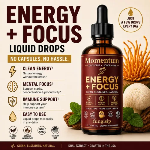 Vista 2 de Momentum Cordyceps & Lion's Mane - Gotas de tintura de hongos - Extracto líquido Energy & Focus - Ingredientes orgánicos - 2 onzas