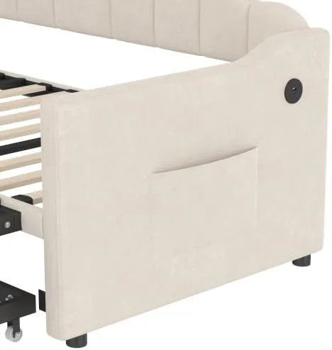 Vista 6 de Bellemave Sofá cama tapizado de tamaño individual con nido desplegable, marco de cama de día individual con puertos de carga USB y tipo C, sofá cama