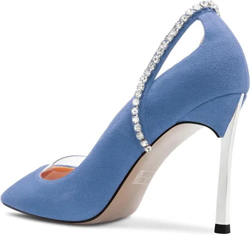 Vista 3 de Saekcted Zapatos de tacón alto con punta puntiaguda para mujer, con diamantes de imitación, para fiestas, transparentes, para verano, 3.9 pulgadas