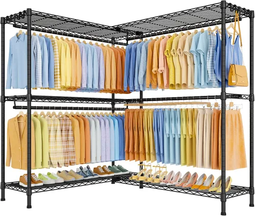 Vista 15 de ULIFHOME E15 - Perchero en forma de L para esquina, perchero independiente para colgar ropa, organizador de armario resistente con 4 varillas