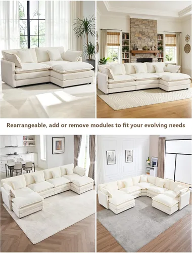 Vista 5 de Sofá Seccional Modular, Sofá Loveseat Moderno Sofá Nube con Otomana Móvil, Cómodo Asiento Profundo de Chenille en Forma de L Sofás para Sala de Negro