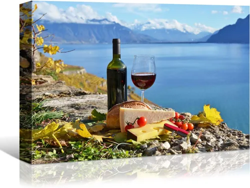 Vista 26 de Denozer - Arte de pared para cocina, lienzo, obras de arte de frutas, uvas, botellas de vino, alimentos, pintura en lienzo para comedor, decoración