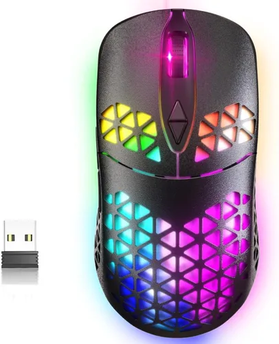 Vista 9 de WolfLawS KM-3 - Mouse inalámbrico para juegos, mouse inalámbrico RGB recargable con 7 botones programados, 4 niveles de DPI, 60 horas de juego