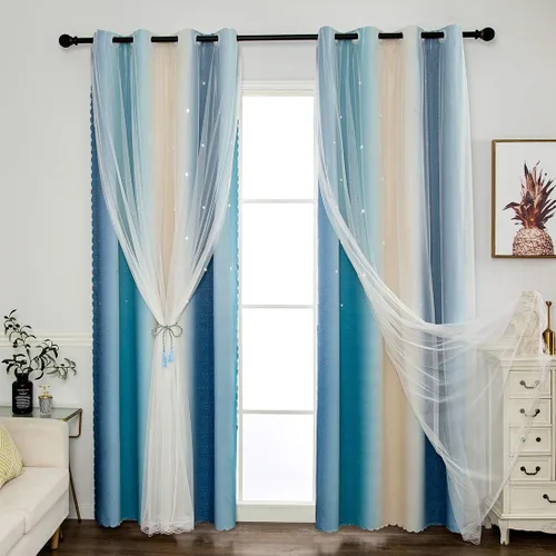 Vista 4 de vctops Cortinas opacas con diseño de rayas degradadas para ventana, de doble capa, de tul, cortinas recortadas con estrellas para dormitorio de Azul