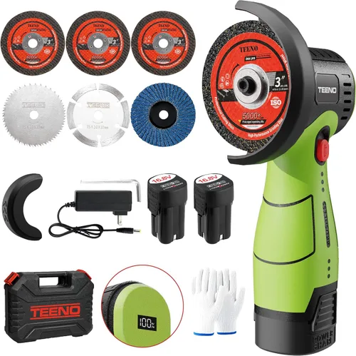 Vista 11 de TEENO Kit de amoladora angular inalámbrica, mini herramienta de amoladora de mano de 19,500 RPM con 2 baterías de 16.8 V 2000 mAh y 6 discos Gris