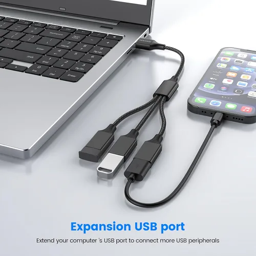 Vista 2 de MOGOOD Expansor USB de 3 puertos, 1 cable de extensión macho a 3 hembra, trenzado y duradero, transferencia de datos rápida y división de carga